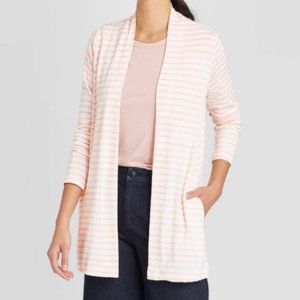 Target Women's Open Neck Cardigan Knit Sweater Pink White Stripes Lightweight